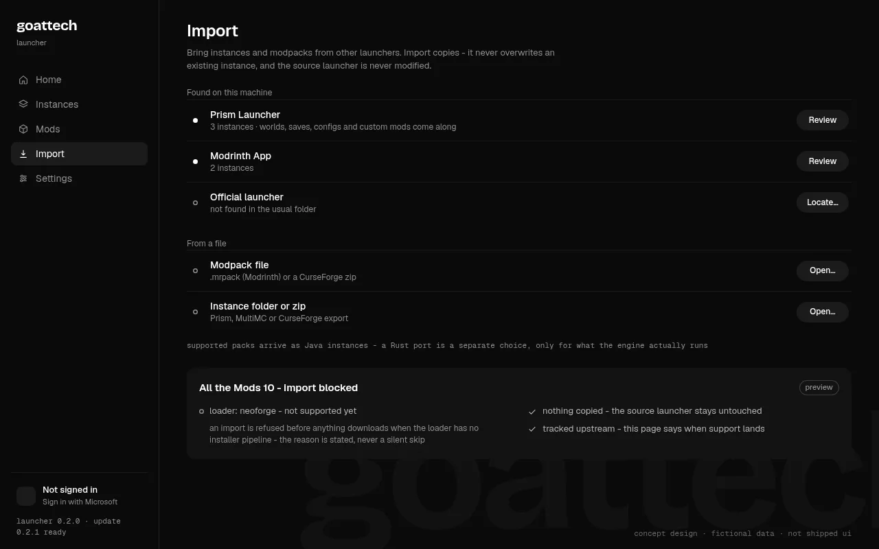 concept: importing from other launchers with a blocked-pack preview