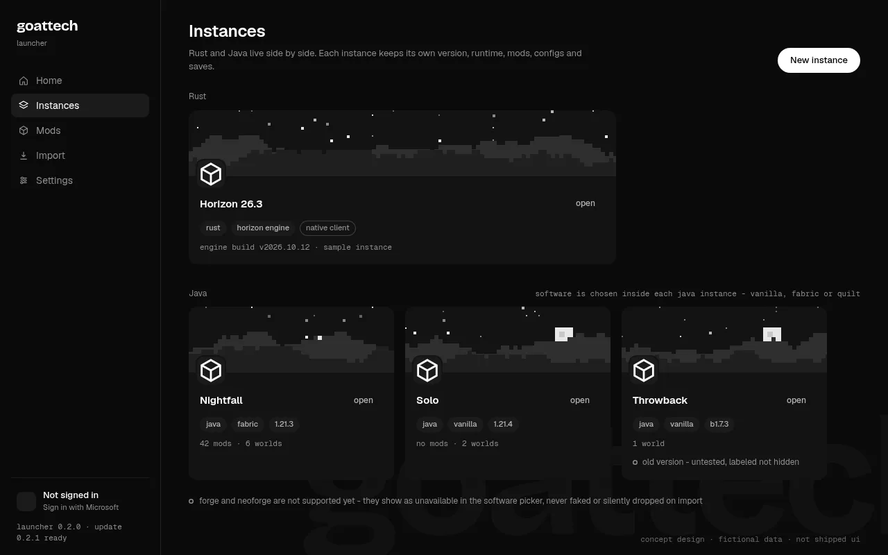 concept: instances page with rust and java sections