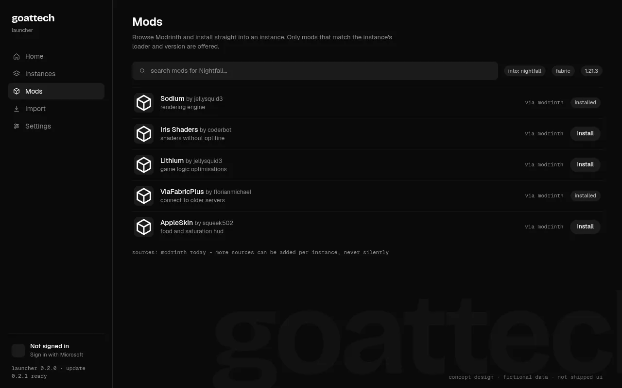 concept: browsing modrinth mods matched to an instance